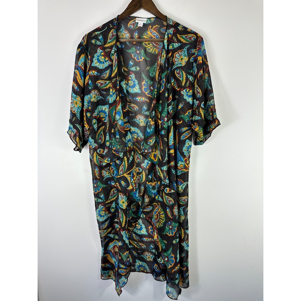 Lularoe Paisley Floral Duster Cardigan Womens Medium Black Sheer Open Front Boho